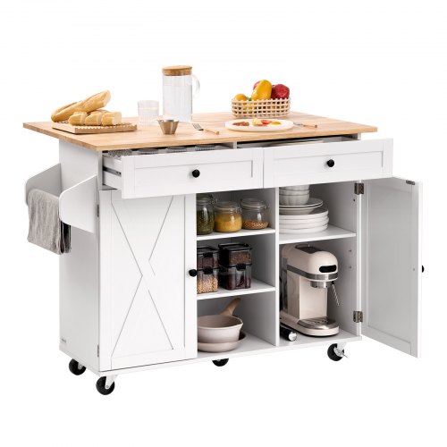 VEVOR Kitchen Cart with Wood Top, Storage Cabinet, Drop Leaf, Drawers, and Mobile Towel Rack, Portable Island Table