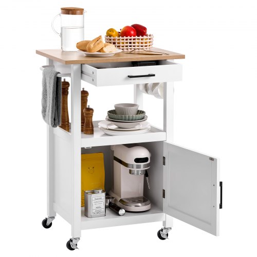 VEVOR kitchen island cart featuring a single-door cabinet, mobile design with drawer, towel rack, hooks, and swivel wheels for easy movement