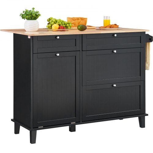 VEVOR Kitchen Island Cart with 50" Wood Top, Breakfast Bar featuring Tilt-Out 10-Gallon Trash Cabinet, Farmhouse-Style Drop Leaf Table for Dining or Living Room