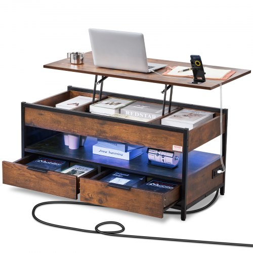 VEVOR Lift Top Coffee Table, 39.4-inch Rectangle Storage Table with Pop-Up Design, Power Strip, USB Ports & Ambient Lighting