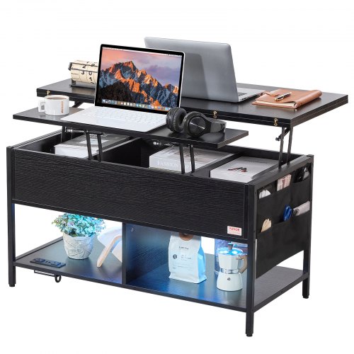VEVOR Lift Top Coffee Table, 39.4-inch rectangular design with storage pockets, flip-top feature, power strip, USB ports, and ambient lighting