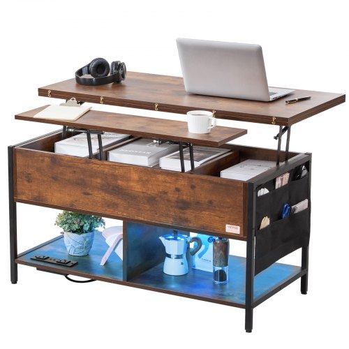 VEVOR Lift Top Coffee Table, 39.4-inch rectangular storage table with flip top, power outlets, USB ports, and ambient lighting