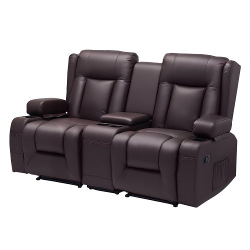 VEVOR manual reclining loveseat sofa with center console, faux leather upholstery, USB ports, cup holders, and storage compartments