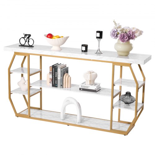 VEVOR Marble Console Table with 3-tier modern design, golden geometric frame, iron tube construction, anti-tip feature, and triangular supports for open storage