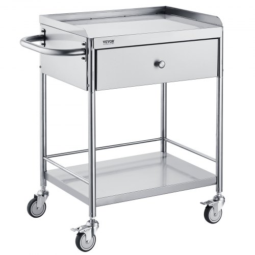 VEVOR Medical Cart with 2 stainless steel layers, 220 lbs capacity, featuring 360° silent wheels and a drawer for labs, clinics, or kitchens