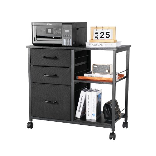 VEVOR metal file cabinet with wheels, featuring 3 fabric drawers and 2 open shelves for vertical storage