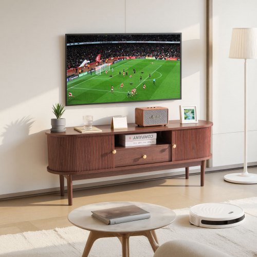 VEVOR mid-century modern TV stand for 58-inch TVs with 350 lb capacity, featuring drawers and open storage