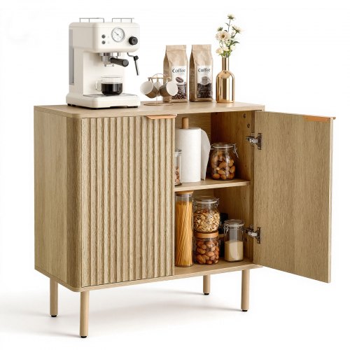 VEVOR mid-century style coffee bar with fluted design, featuring 2-tier storage and dual barn doors for a functional buffet sideboard