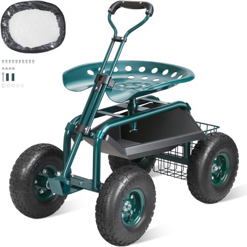 VEVOR mobile garden cart with swivel seat, planting stool featuring wheels, steering handle, and storage tools