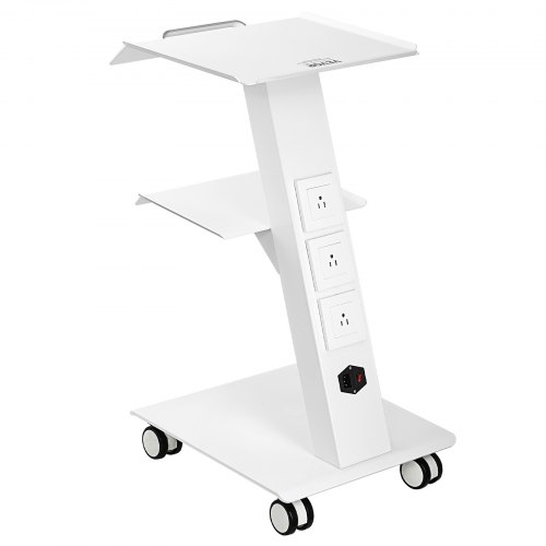 VEVOR mobile lab cart with 3-tier metal shelves, built-in power outlet, swivel casters, and 220 lb capacity for clinical use