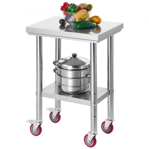 VEVOR mobile stainless steel food prep table, 24x18 inches with adjustable undershelf for commercial kitchens