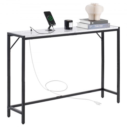 VEVOR Modern Marble Console Table with Power Outlet, Slim Iron-Frame Sofa Side Table Featuring Anti-Tip Design
