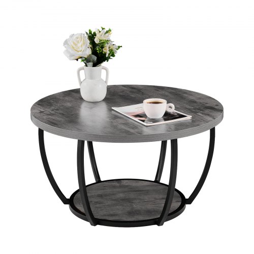 VEVOR modern round coffee table with 2-tier wooden storage and sturdy metal frame, minimalist accent end desk