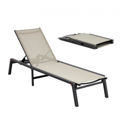 VEVOR outdoor chaise lounge with 400 lb capacity, foldable tanning chair featuring 5 adjustable positions, simple assembly, and sturdy aluminum frame