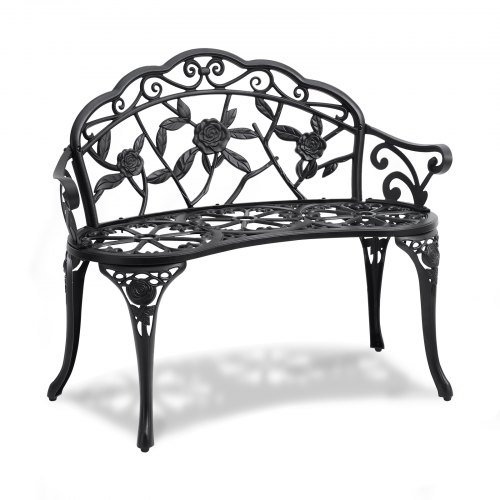 VEVOR outdoor metal bench, 38.8-inch garden seating with backrest and armrests, supports 480 lbs for parks and outdoor spaces