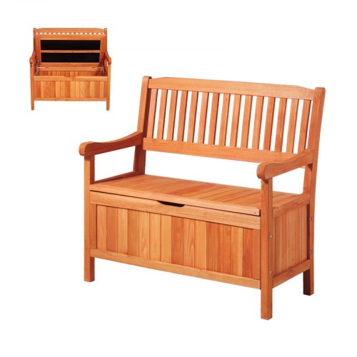 VEVOR outdoor wooden bench for two, 33-gallon deck storage with side handles, weather-resistant seating supporting up to 705 lbs