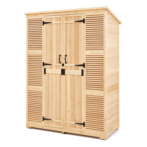 VEVOR outdoor wooden storage shed with waterproof roof, sturdy metal frame, and double lockable doors for garden tool organization