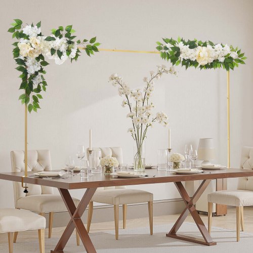 VEVOR Over the Table Rod Stand with Clamps, Adjustable 28"-98" Length & 13"-42" Height, Table Arch Stand with Floral Accessories, Gold Balloon Frame  

VEVOR's adjustable table arch stand with clamps, spanning 28"-98" in length and 13"-42" in height, includes floral decor and a gold balloon frame