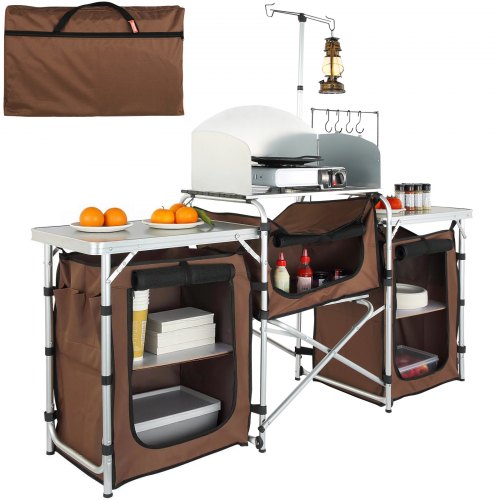 VEVOR portable camping kitchen table featuring foldable design, storage compartments, carrying bag, aluminum construction, 3 cupboards, and removable windscreen for outdoor cooking