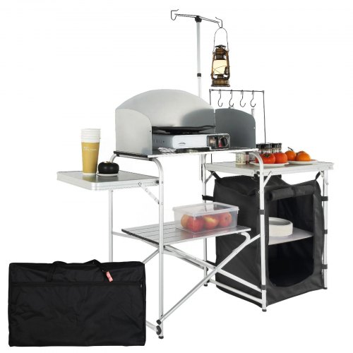 VEVOR portable camping kitchen table with storage bag, aluminum cook station featuring 1 cupboard and removable windscreen for quick setup