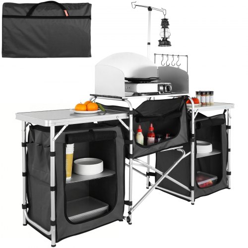 VEVOR portable camping kitchen table with storage bag, aluminum outdoor cook station featuring 3 cupboards and removable windscreen for quick setup