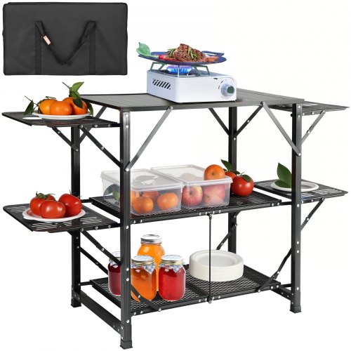 VEVOR portable camping kitchen with 4 iron side tables, 2 shelves, and carrying bag, ideal for outdoor cooking