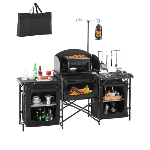 VEVOR portable outdoor kitchen table with 3 storage cabinets, carrying case, and removable windscreen for camping