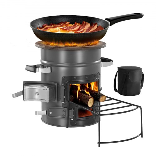 VEVOR portable rocket stove for camping, made of SPCC steel with dual doors, burns twigs or charcoal, includes carrying bag for hiking