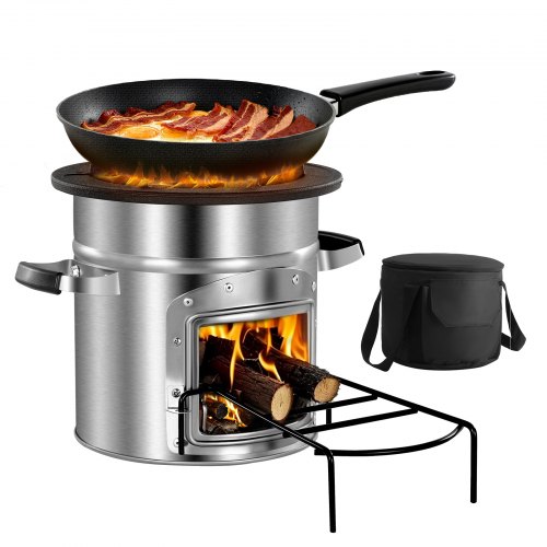 VEVOR portable rocket stove for camping, stainless steel wood burner with carrying bag, ideal for backpacking using twigs or wood