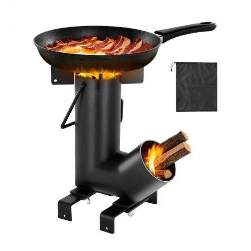 VEVOR portable wood-burning rocket stove for camping, with carrying bag, uses twigs or sticks as fuel