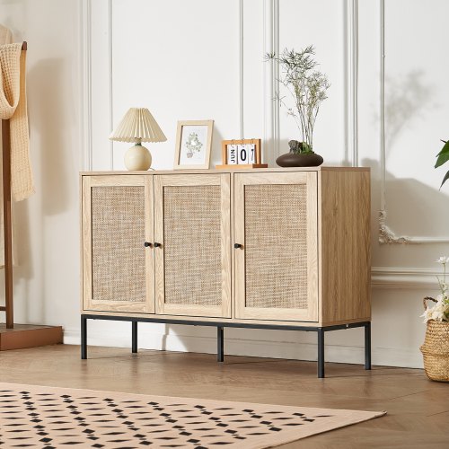 VEVOR rattan cabinet featuring 3 magnetic doors, adjustable shelves, and a sideboard buffet design for hallways, entryways, and living rooms
