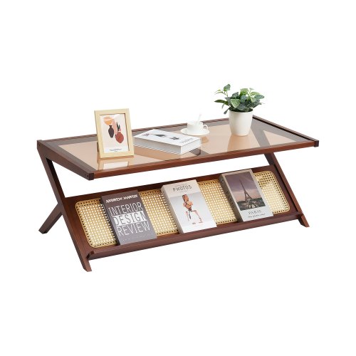 VEVOR Rattan Coffee Table, 47" Modern Boho Storage Table with Z-Shape Bamboo Frame and Tempered Glass Top