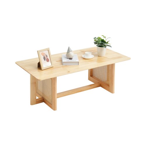 VEVOR Rattan Coffee Table, 47-inch rectangular boho-style storage table with woven wood base and natural rubber wood top
