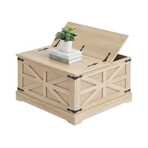 VEVOR Rattan Coffee Table, a 32-inch rectangle PE woven wood table with MDF top, featuring a modern boho style and retro metal storage
