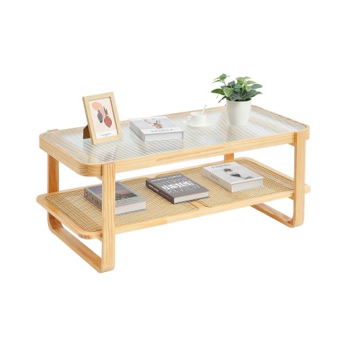 VEVOR Rattan Coffee Table, a 45-inch modern boho storage table with a woven wood base and tempered glass top, combines natural wood and contemporary design
