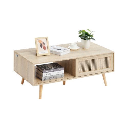 VEVOR Rattan Coffee Table, a mid-century modern rectangular wood table with two-tier storage in boho style, measuring 42 inches