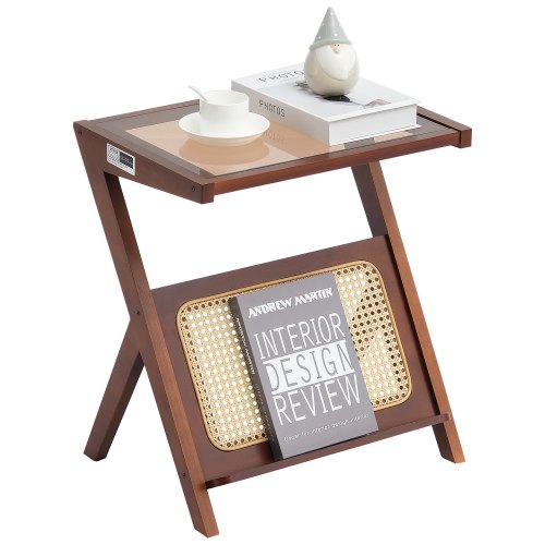 VEVOR rattan coffee table with Z-shaped bamboo frame, tempered glass top, and 20" boho storage space