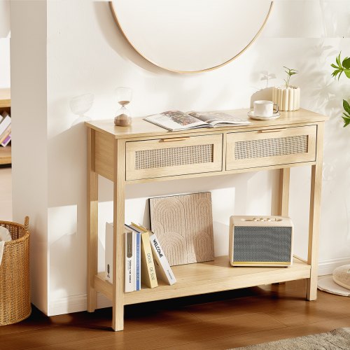 VEVOR rattan console table featuring 2 storage drawers and natural rattan sliding doors, ideal for living rooms or studies