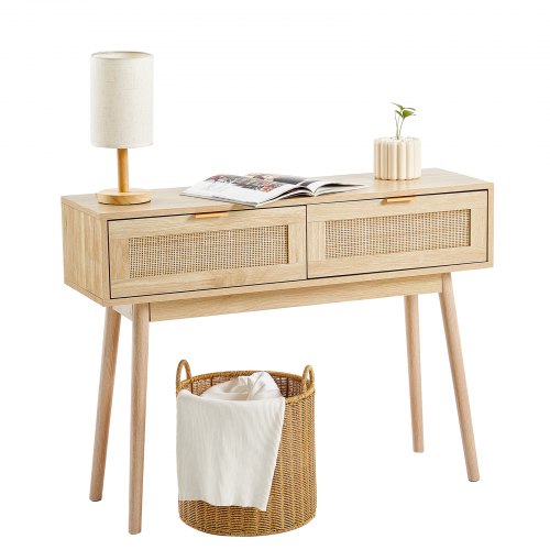 VEVOR rattan console table featuring 2 storage drawers and natural rattan sliding doors, ideal for living rooms or studies