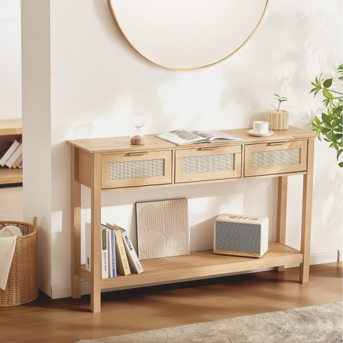 VEVOR Rattan Console Table featuring 3 drawers, natural rattan sliding door entryway table, perfect sofa or study table for living spaces