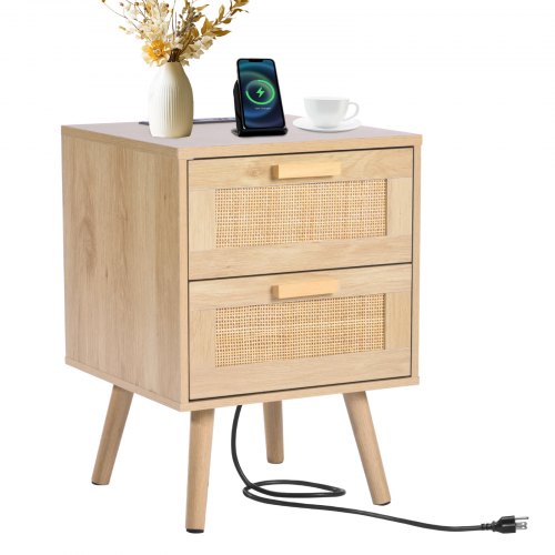 VEVOR rattan nightstand featuring 2 drawers, boho-style bedside table with wooden legs and built-in charging station