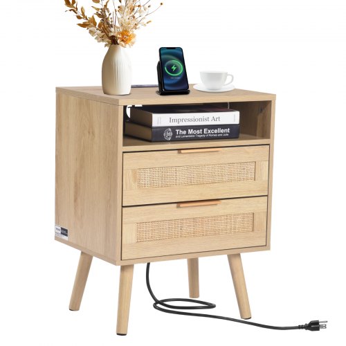 VEVOR Rattan Nightstand with 2 Drawers and Open Shelf, Boho Bedside Table Featuring Solid Wood Legs