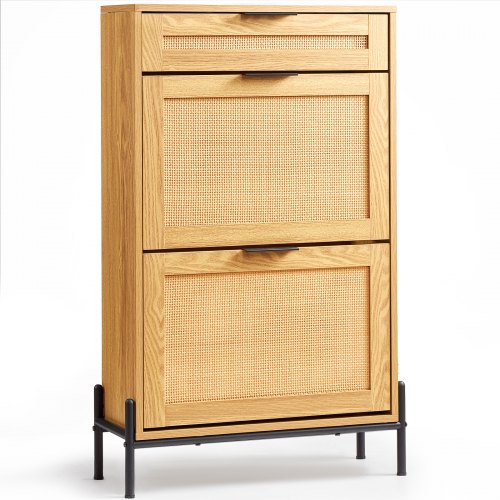 VEVOR rattan shoe cabinet featuring 2 flip-up drawers and 1 sliding drawer with metal legs, a slim entryway storage solution