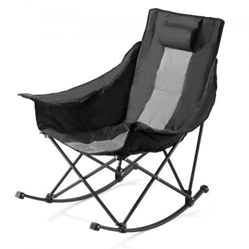 VEVOR rocking camping chair, a sturdy foldable recliner with cup holder and storage pocket, supports up to 225 lbs, fully cushioned outdoor seat
