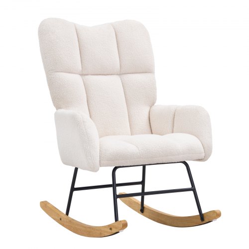 VEVOR rocking nursery chair with plush teddy fabric upholstery, high backrest, and 250 lbs capacity