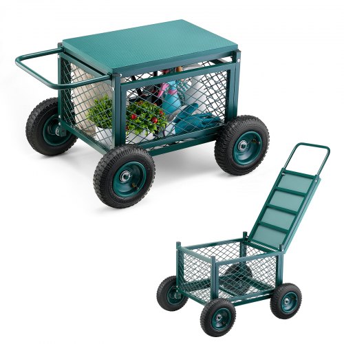 VEVOR Rolling Garden Cart featuring a seat, sturdy metal construction with wheels, 400 lb capacity, heavy-duty gardening scooter for outdoor use
