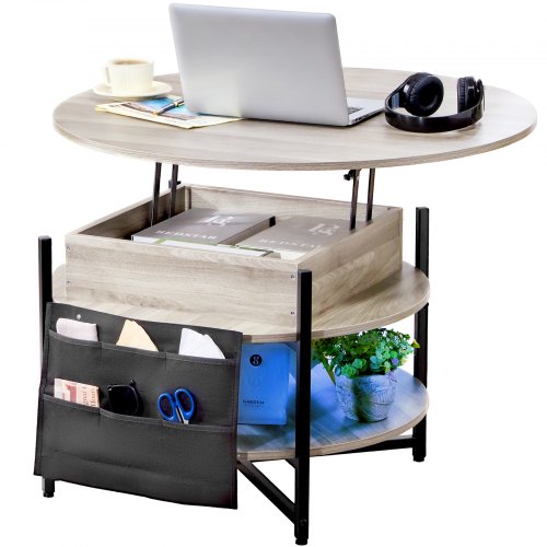VEVOR Round Lift-Top Coffee Table, 35.3" White Storage Table with Pockets, Convertible Living Room Table