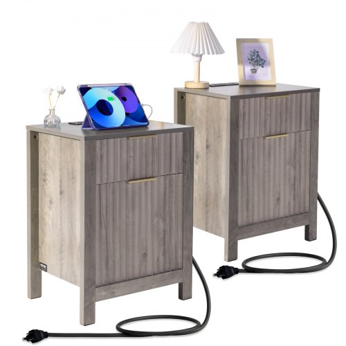 VEVOR set of 2 farmhouse nightstands with charging station, 3-tier side tables featuring storage cabinet and 2 drawers plus USB ports