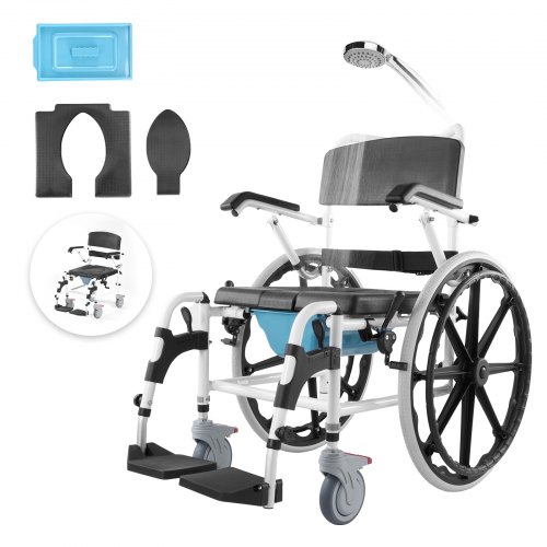 VEVOR Shower Wheelchair, 17.5-inch wide aluminum alloy bathroom wheelchair for shower use, featuring adjustable rolling shower chair with brake for disabled adults