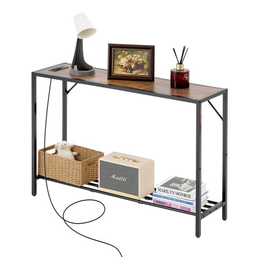 VEVOR slim console table, 41.7" sofa back table featuring power outlets, dual-tier entryway design with metal frame and charging station